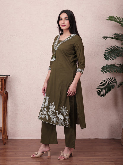 Olive Green Embroidered Cotton Suit Set with Dupatta for Women