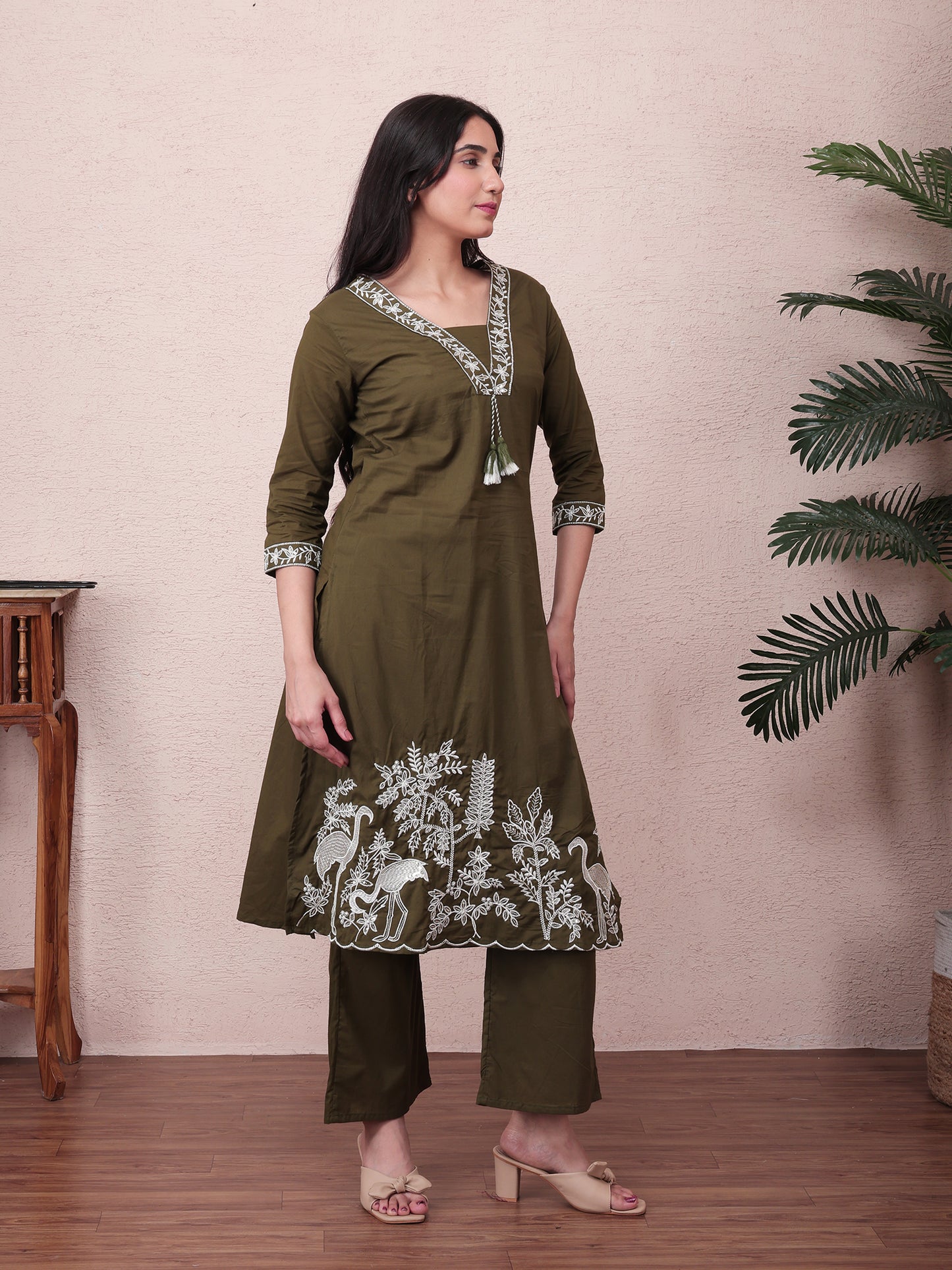 Olive Green Embroidered Cotton Suit Set with Dupatta for Women