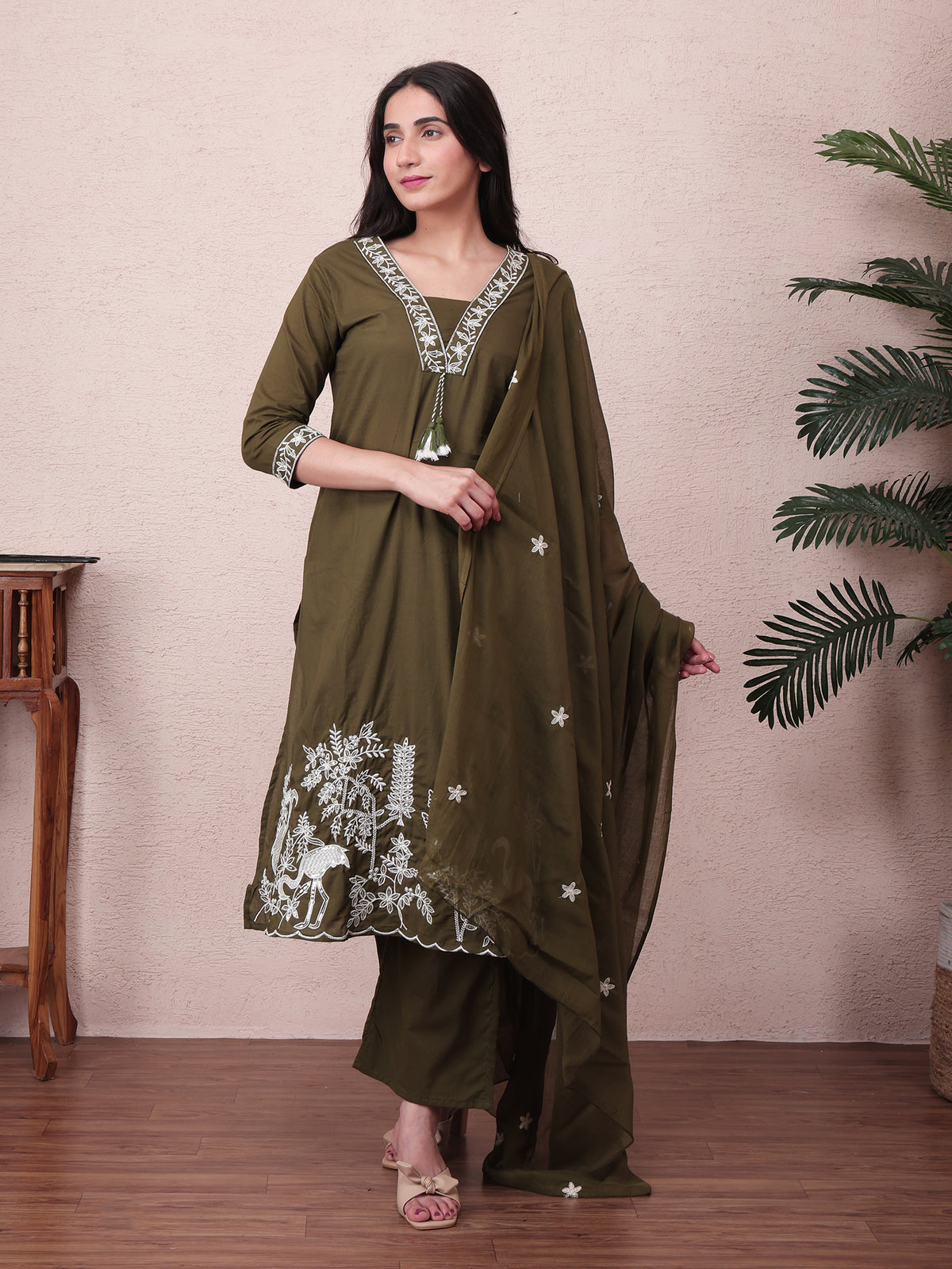 Olive Green Embroidered Cotton Suit Set with Dupatta for Women