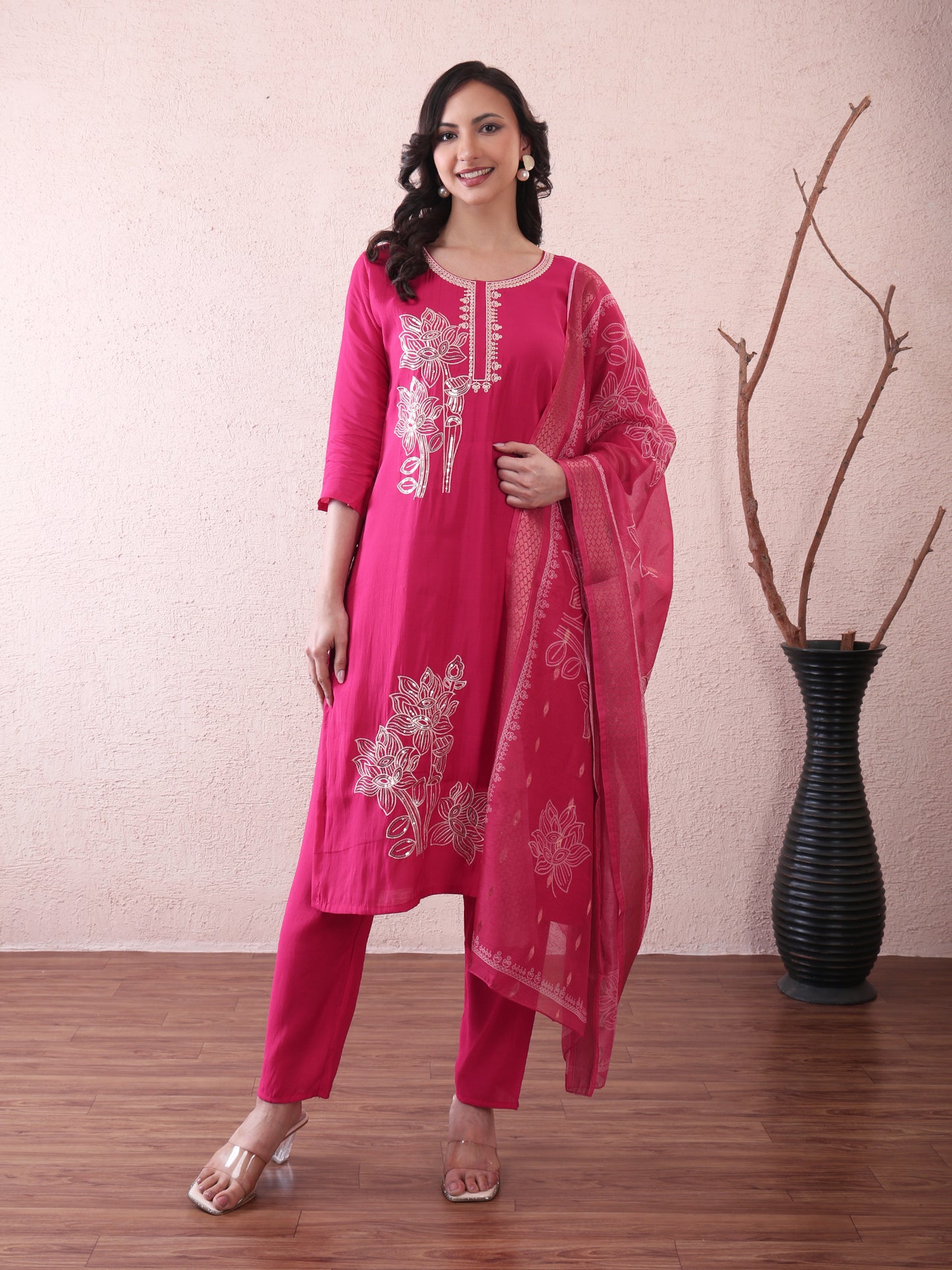 Fancy embroided pink kurta bottom and dupatta