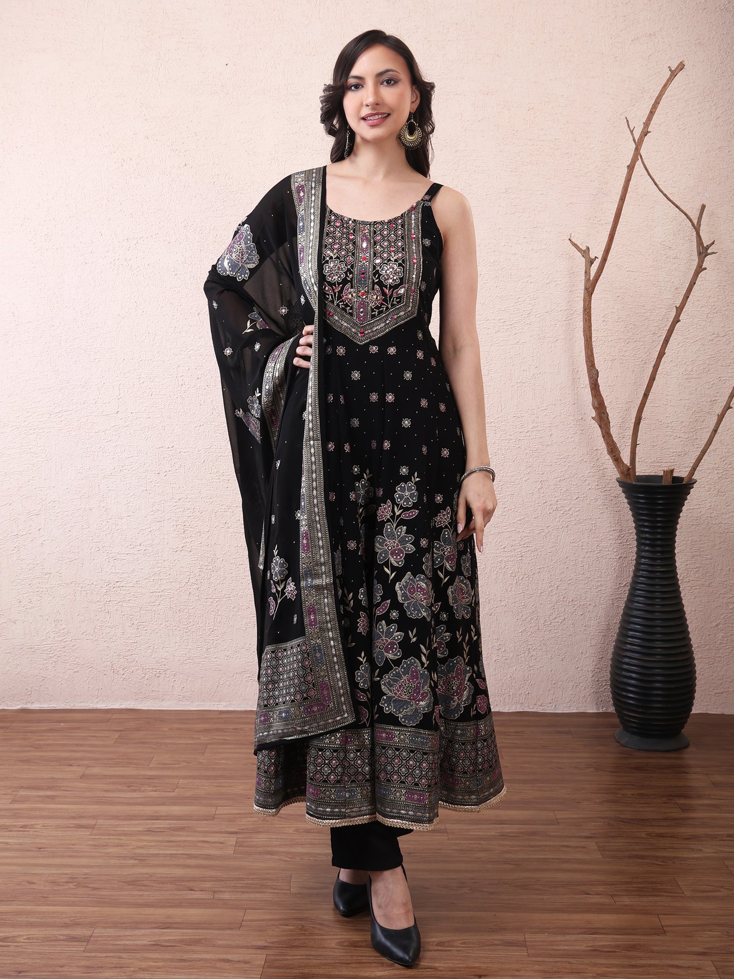 Black Floral Anarkali Suit Set for Women | Elegant Festive & Party Wear