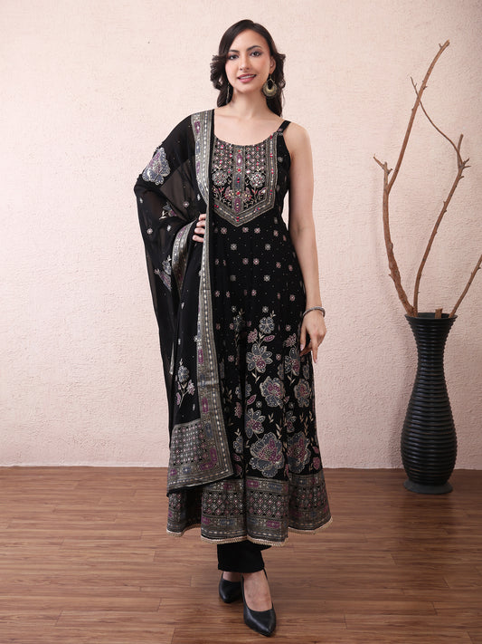 Black Floral Anarkali Suit Set for Women | Elegant Festive & Party Wear
