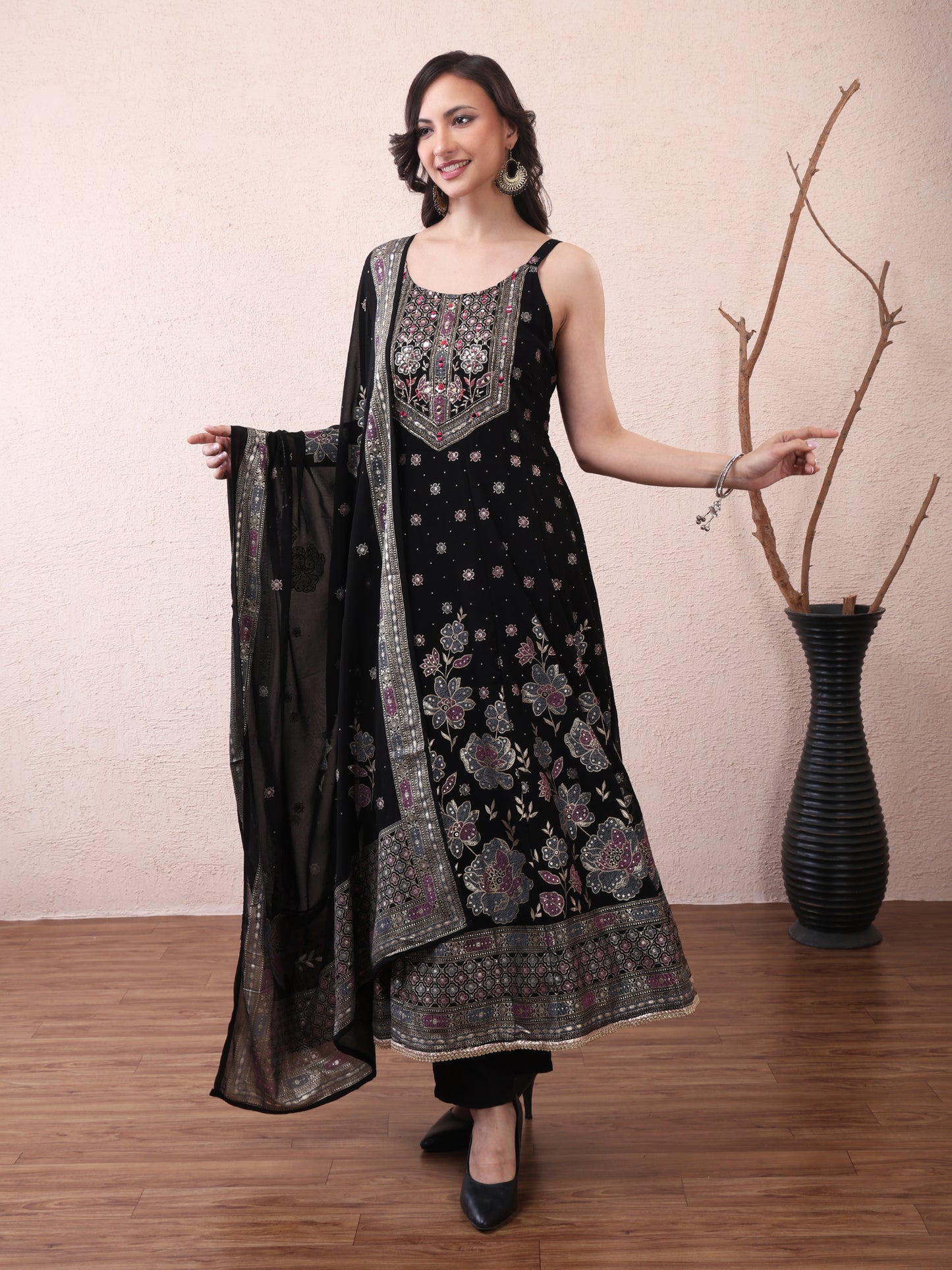 Black Floral Anarkali Suit Set for Women | Elegant Festive & Party Wear
