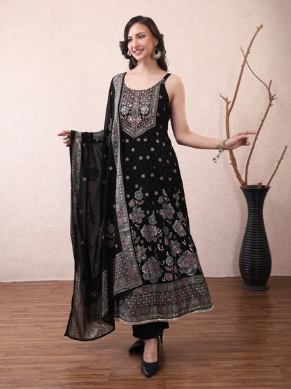 Black Floral Anarkali Suit Set for Women | Elegant Festive & Party Wear