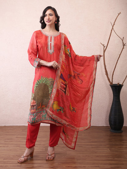 Red Printed Suit Set with Dupatta for Women