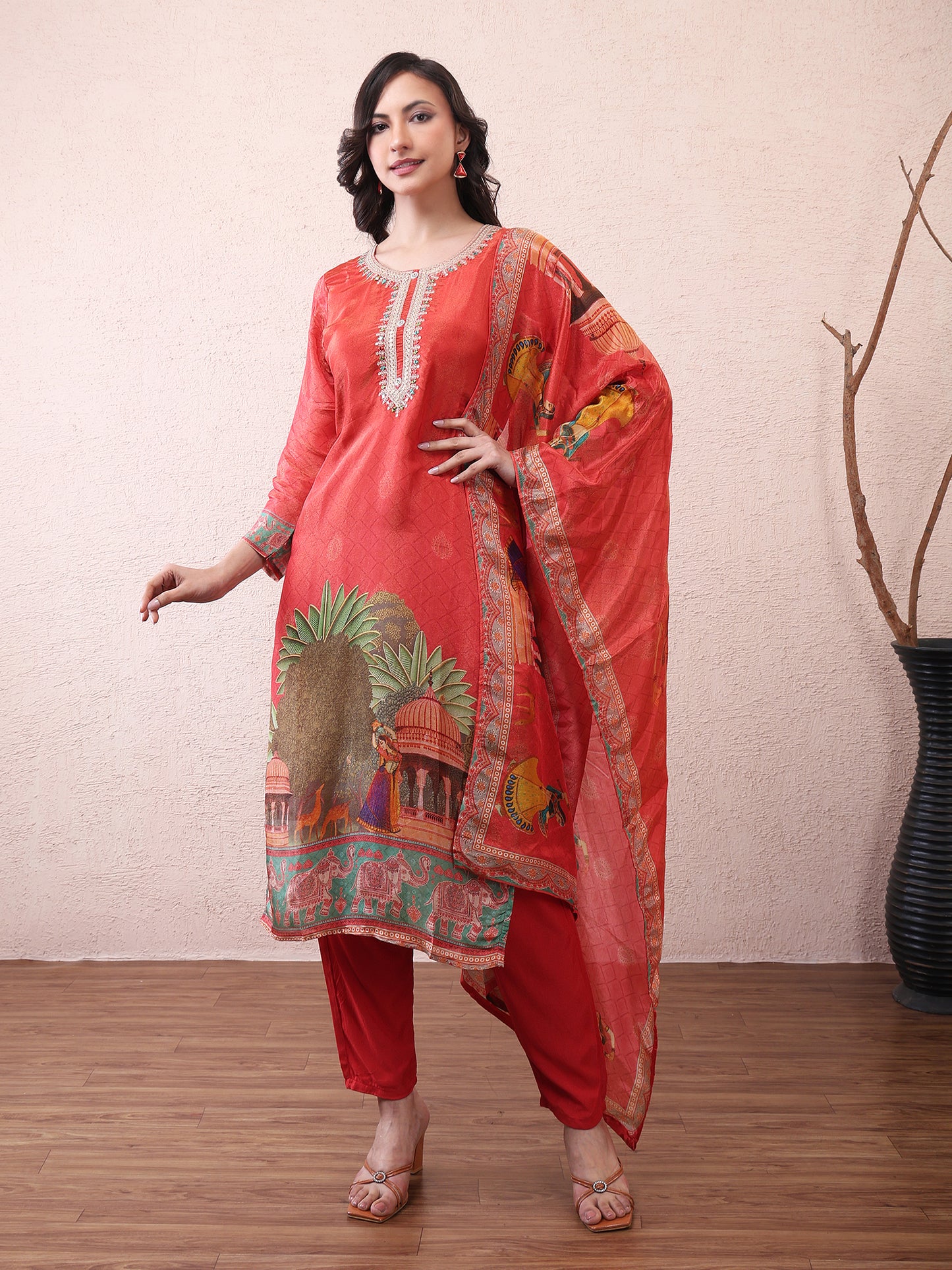 Red Printed Suit Set with Dupatta for Women