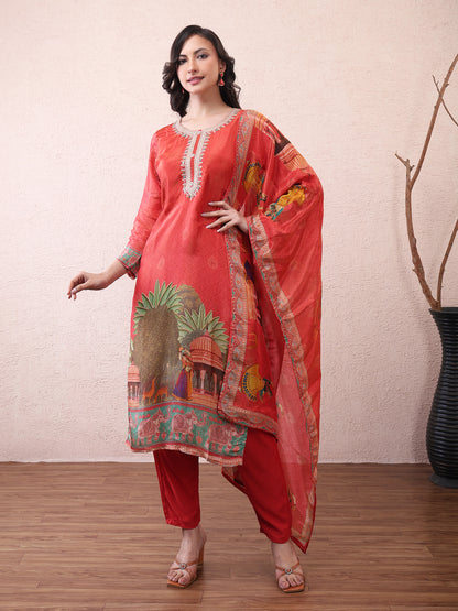 Red Printed Suit Set with Dupatta for Women