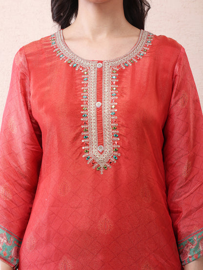 Red Printed Suit Set with Dupatta for Women