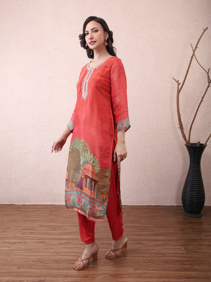 Red Printed Suit Set with Dupatta for Women