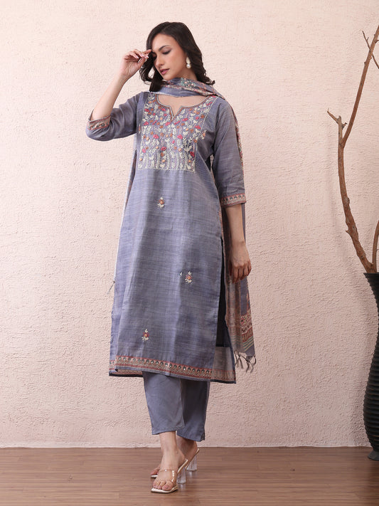 Grey Cotton Embroidered Kurta Set for Women with Dupatta
