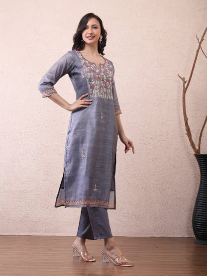 Grey Cotton Embroidered Kurta Set for Women with Dupatta