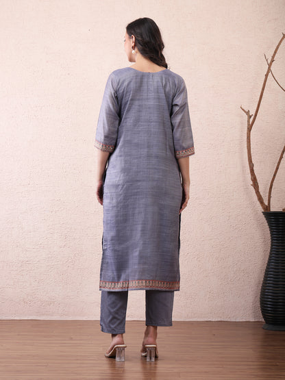 Grey Cotton Embroidered Kurta Set for Women with Dupatta