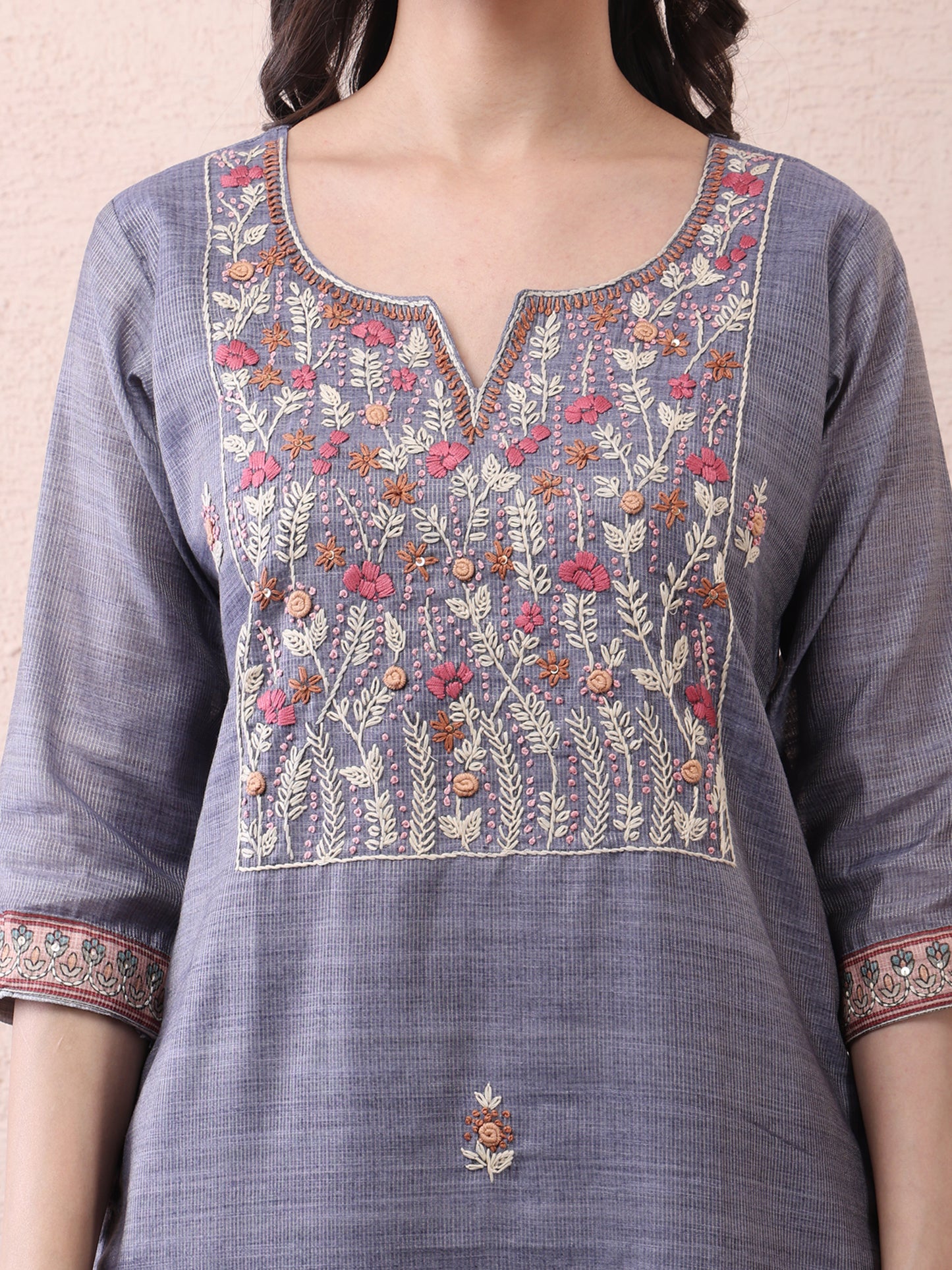 Grey Cotton Embroidered Kurta Set for Women with Dupatta