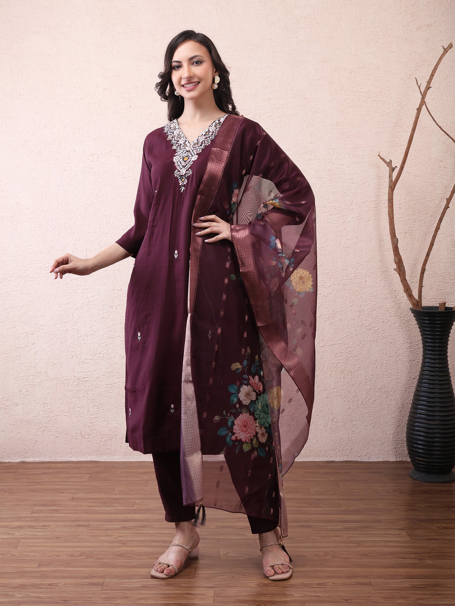 Wine Vichitra Silk Embroidered Suit Set with Floral Dupatta