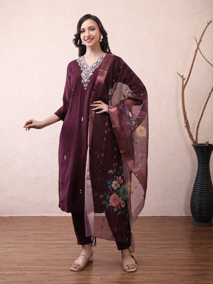 Wine Vichitra Silk Embroidered Suit Set with Floral Dupatta