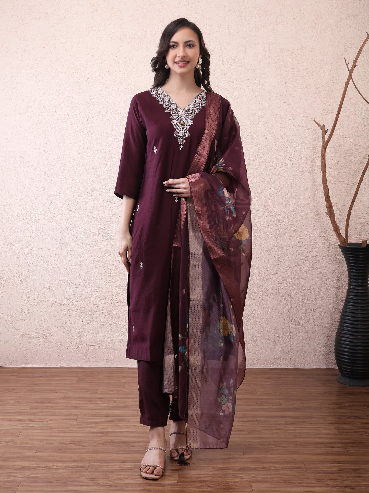 Wine Vichitra Silk Embroidered Suit Set with Floral Dupatta