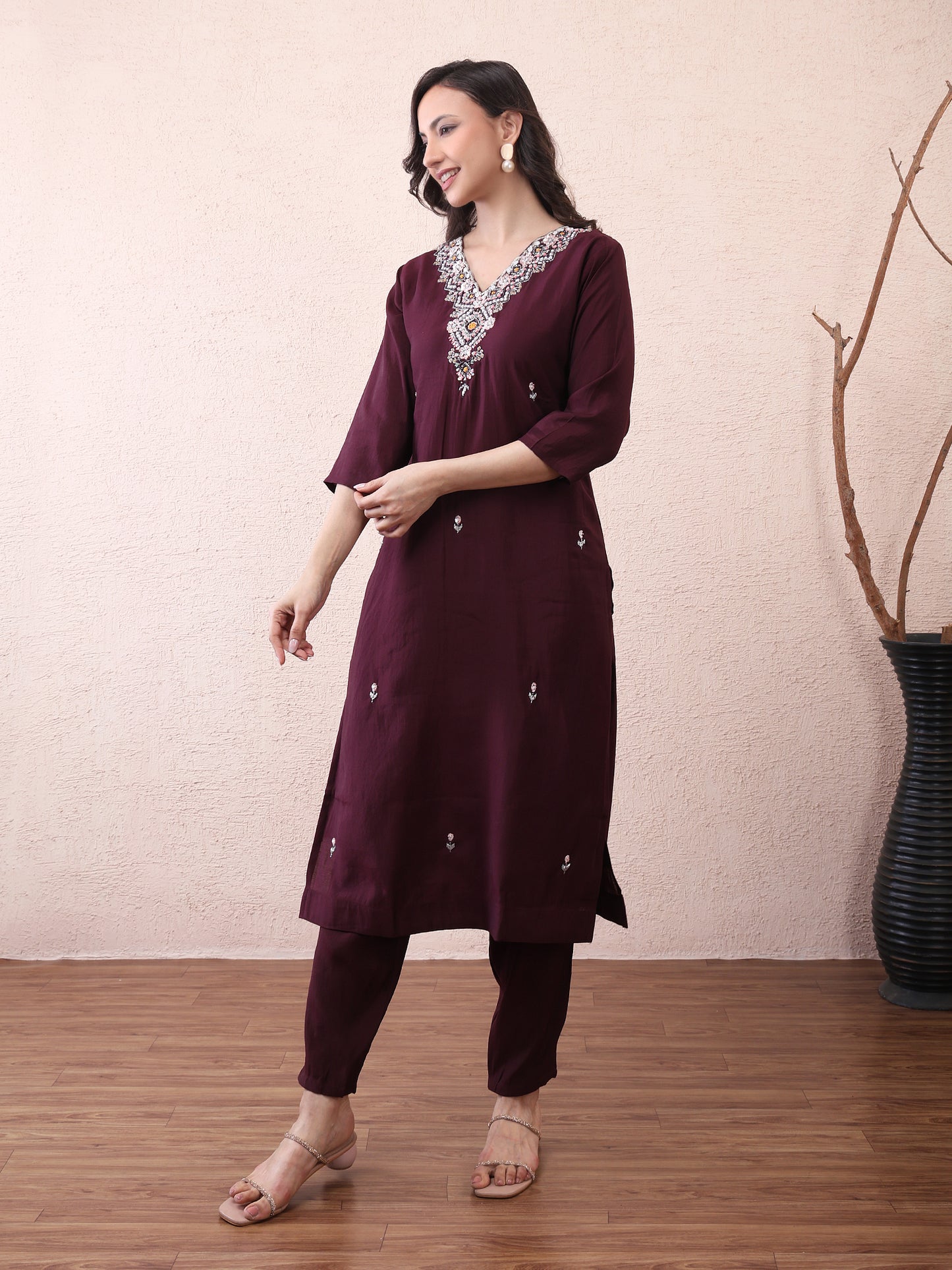 Wine Vichitra Silk Embroidered Suit Set with Floral Dupatta