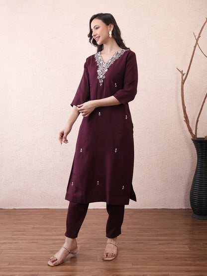 Wine Vichitra Silk Embroidered Suit Set with Floral Dupatta