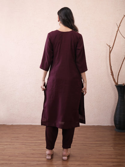 Wine Vichitra Silk Embroidered Suit Set with Floral Dupatta