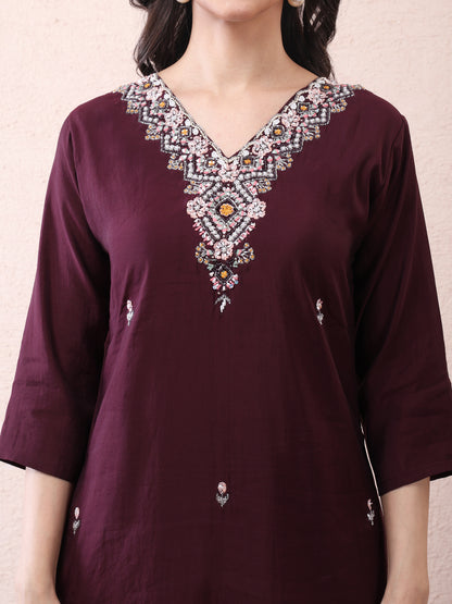 Wine Vichitra Silk Embroidered Suit Set with Floral Dupatta