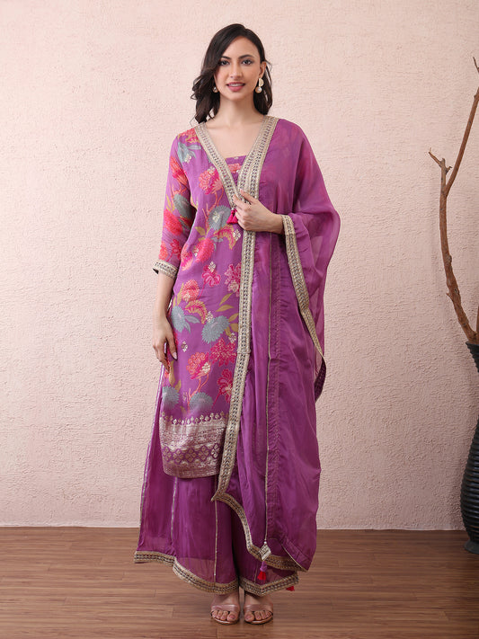 Purple Floral Vichitra Silk Suit Set with Dupatta | Designer Ethnic Wear for Women