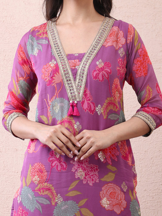 Purple Floral Vichitra Silk Suit Set with Dupatta | Designer Ethnic Wear for Women