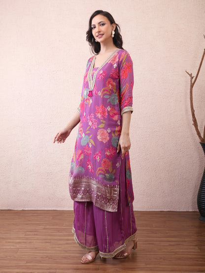 Purple Floral Vichitra Silk Suit Set with Dupatta | Designer Ethnic Wear for Women
