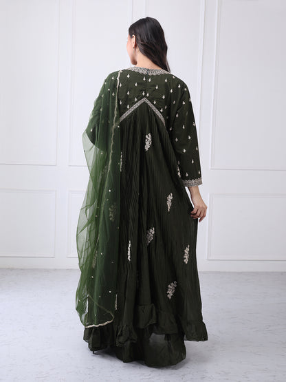 Dark OliveGreen Embroided Chinon Silk Gown