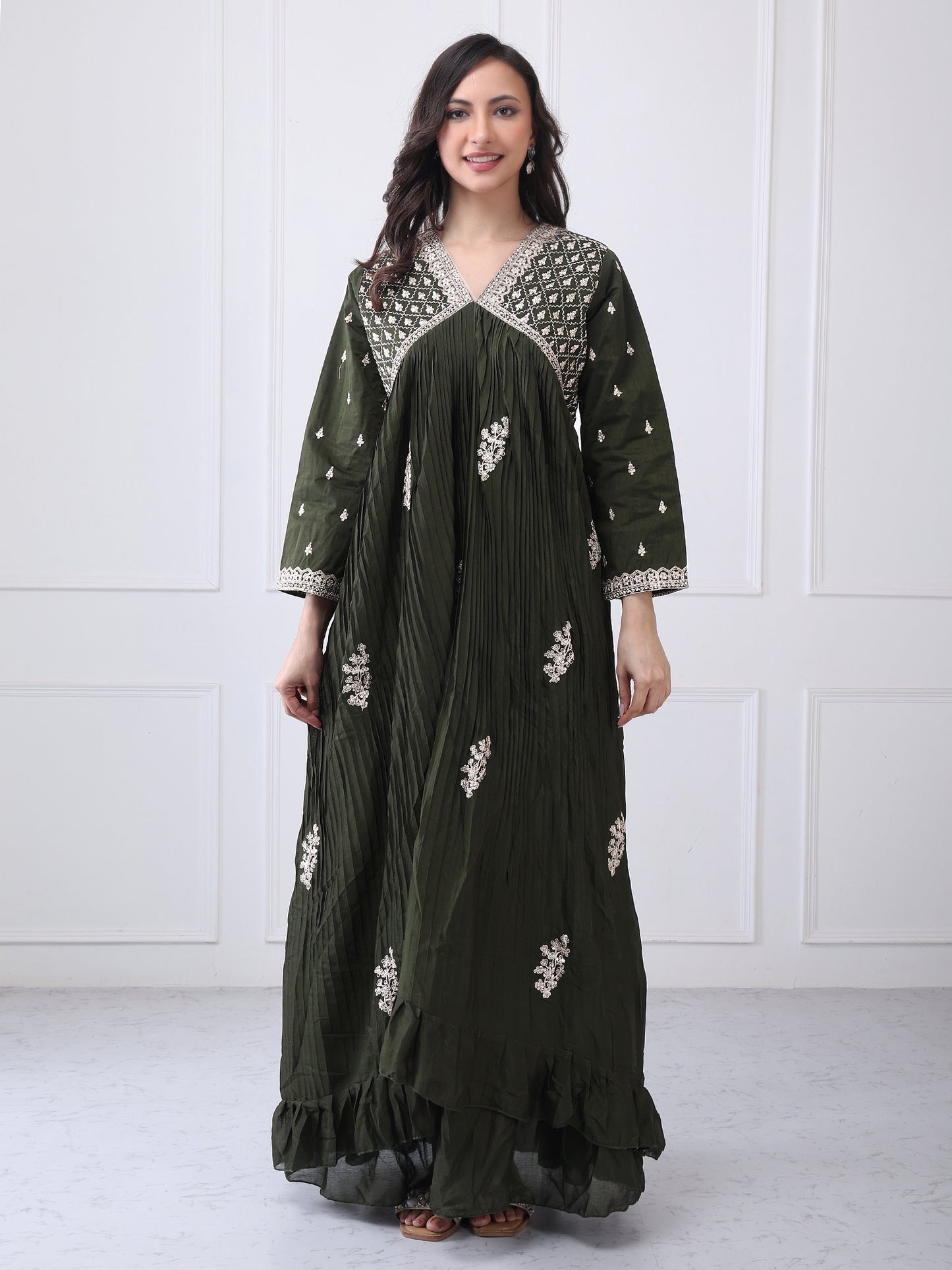 Dark OliveGreen Embroided Chinon Silk Gown