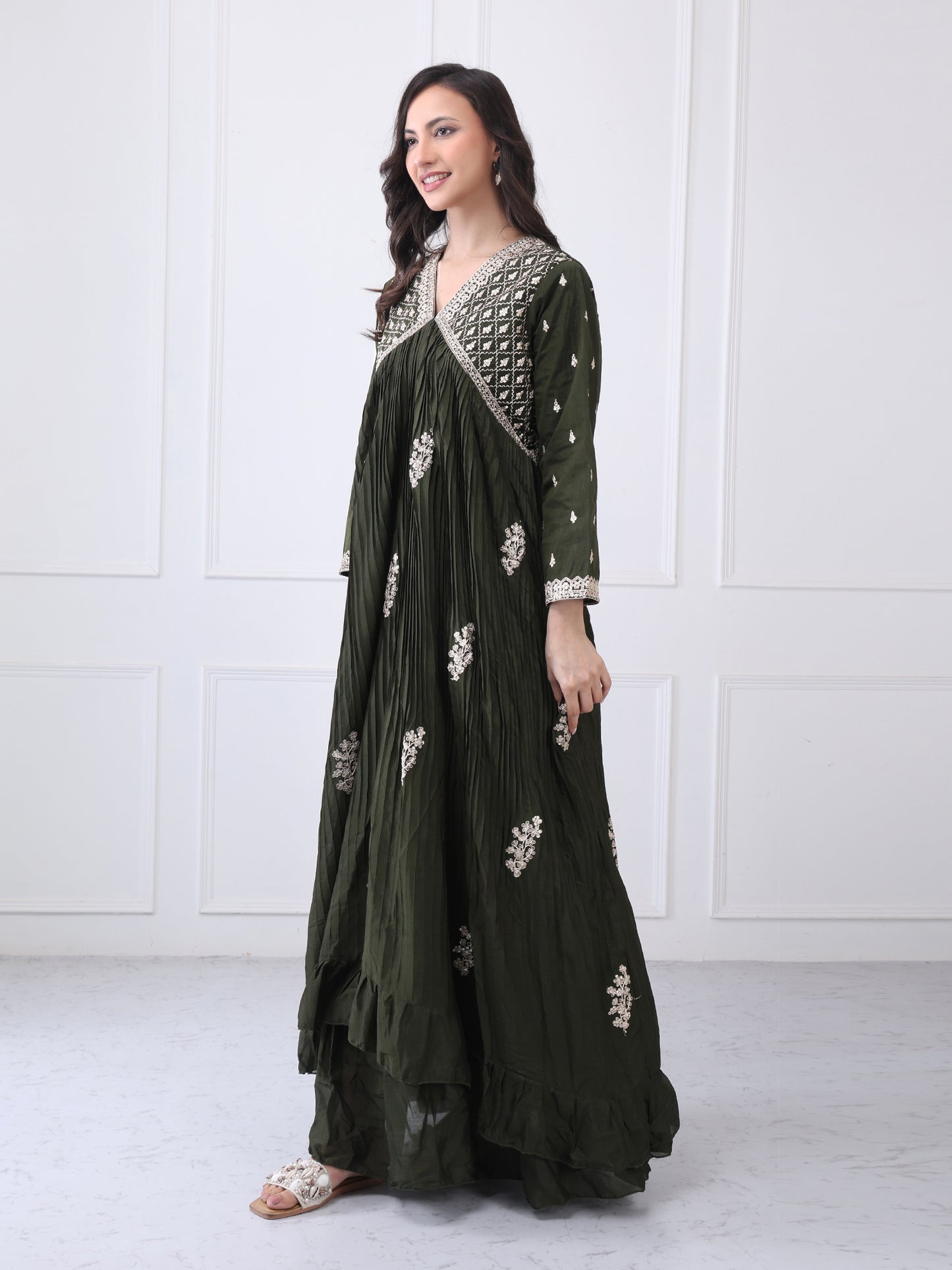 Dark OliveGreen Embroided Chinon Silk Gown