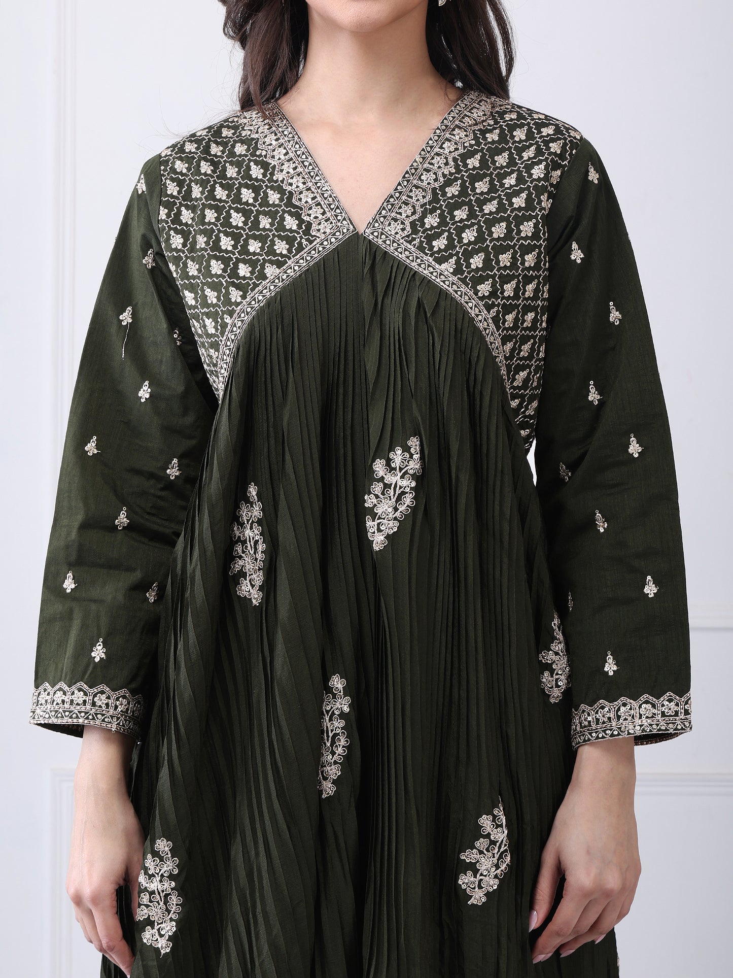 Dark OliveGreen Embroided Chinon Silk Gown