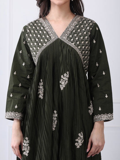 Dark OliveGreen Embroided Chinon Silk Gown