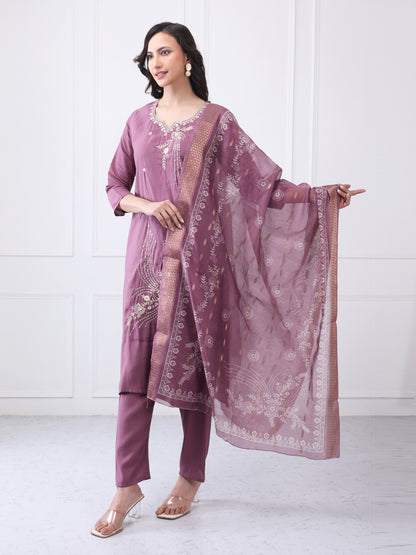 Mauve Vichitra Silk Suit Set with Embroidery & Dupatta