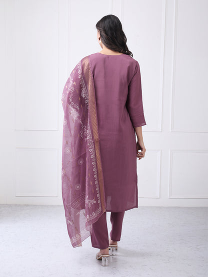 Mauve Vichitra Silk Suit Set with Embroidery & Dupatta