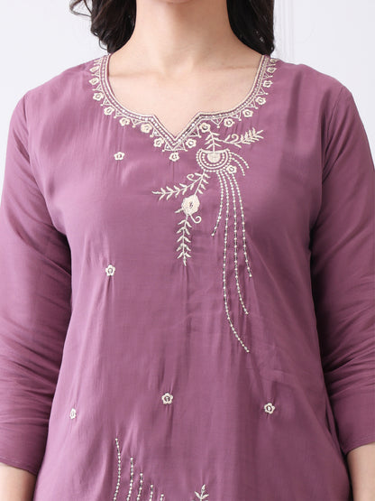 Mauve Vichitra Silk Suit Set with Embroidery & Dupatta