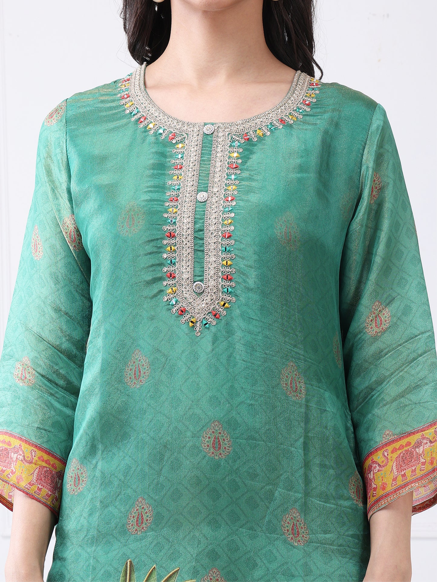Green Printed Suit Set with Dupatta for Women