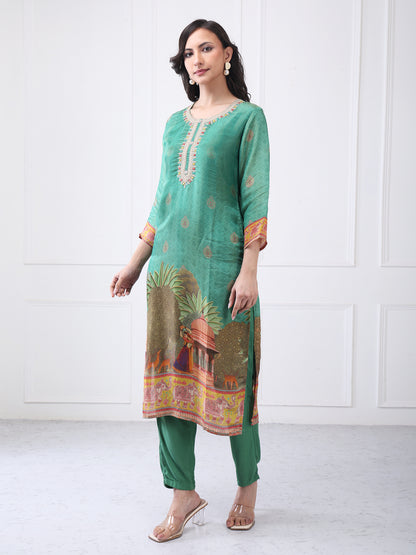 Green Printed Suit Set with Dupatta for Women
