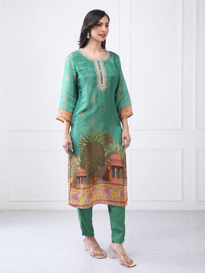 Green Printed Suit Set with Dupatta for Women