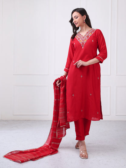 Summer Red Design Silk Blend Kurta Set