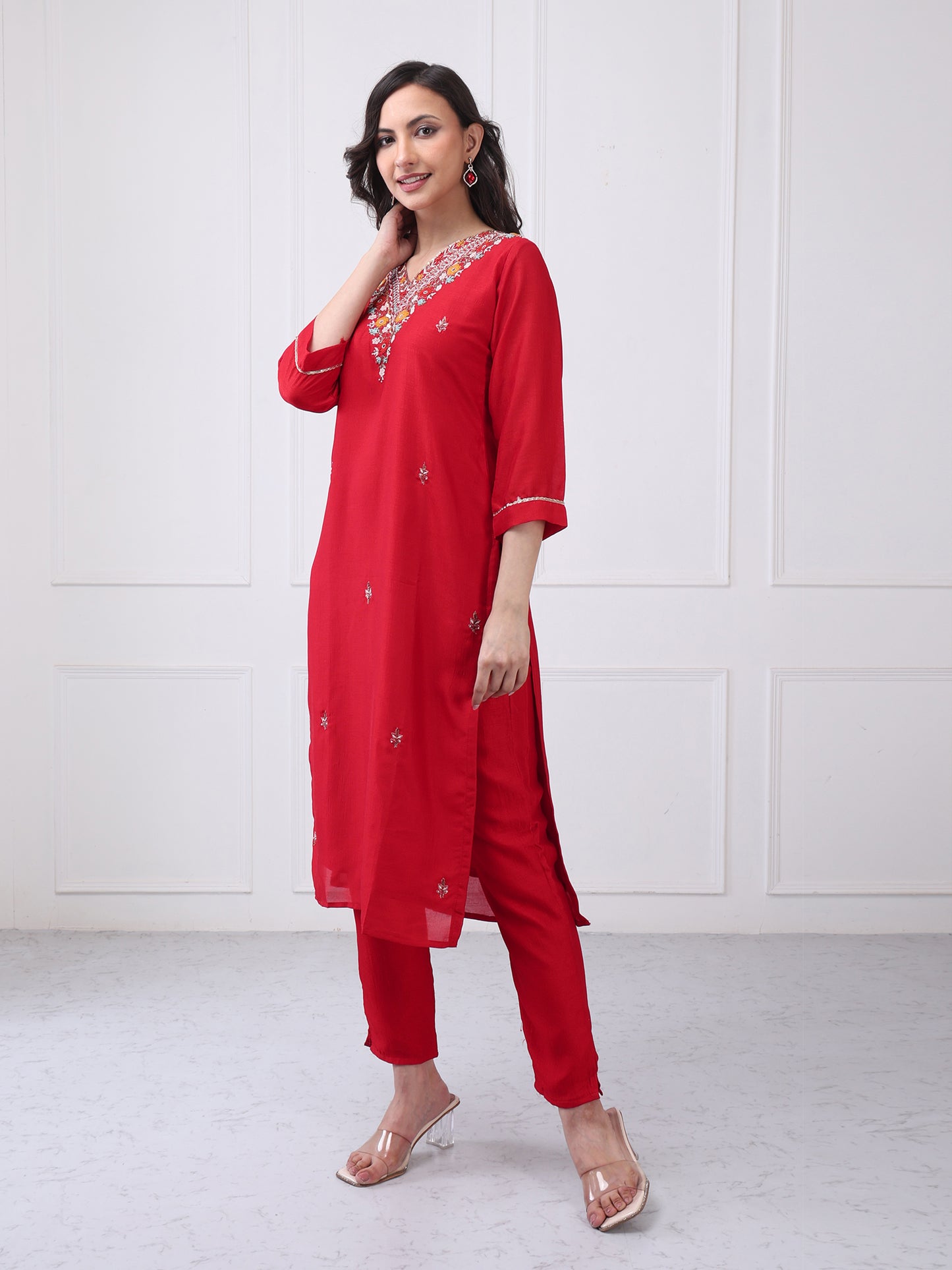Summer Red Design Silk Blend Kurta Set