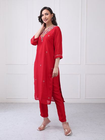 Summer Red Design Silk Blend Kurta Set