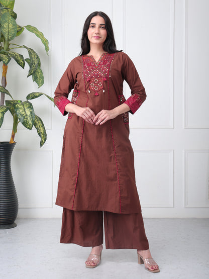 Brown Cotton Kurta Set for Women with Dupatta with Pockets