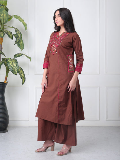 Brown Cotton Kurta Set for Women with Dupatta with Pockets