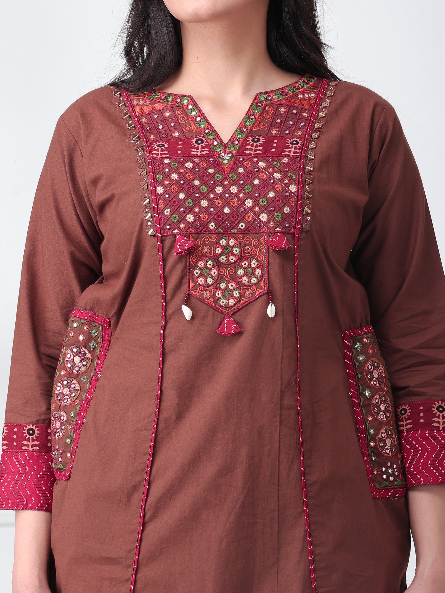 Brown Cotton Kurta Set for Women with Dupatta with Pockets