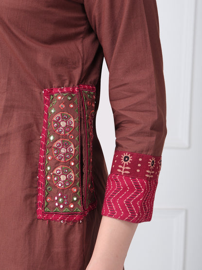 Brown Cotton Kurta Set for Women with Dupatta with Pockets