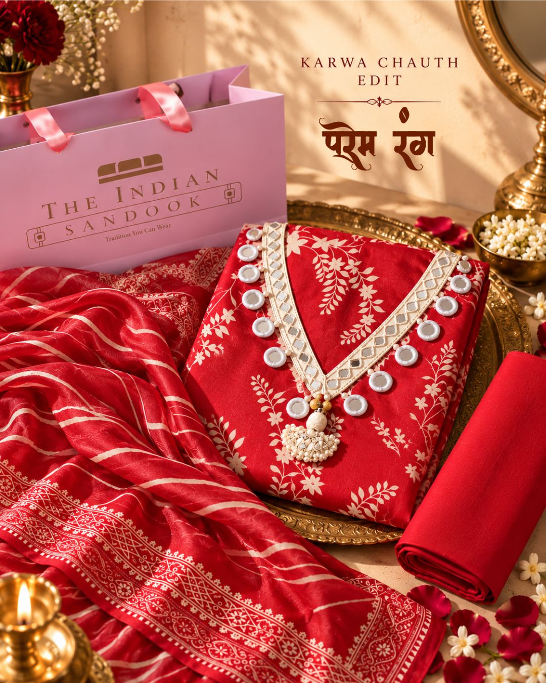 Prem Rang – Red Russian Silk Printed Unstitched Suit Set