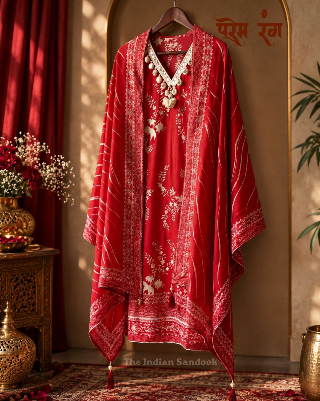 Prem Rang – Red Russian Silk Printed Unstitched Suit Set