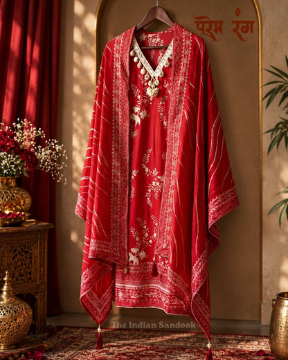 Prem Rang – Red Russian Silk Printed Unstitched Suit Set