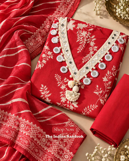 Prem Rang – Red Russian Silk Printed Unstitched Suit Set