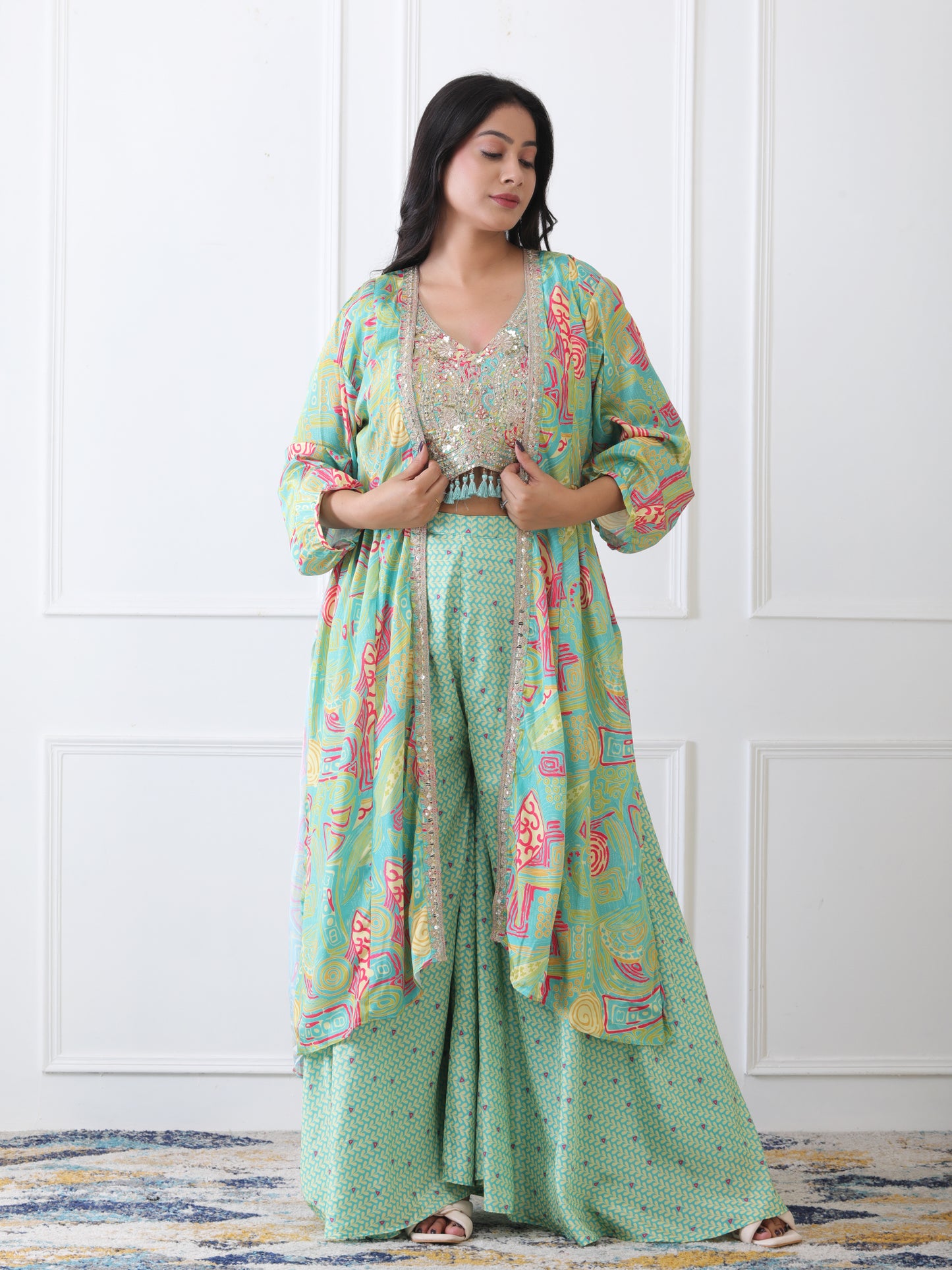 Stylish Partywear Green Indo-Western Crop Top Dress
